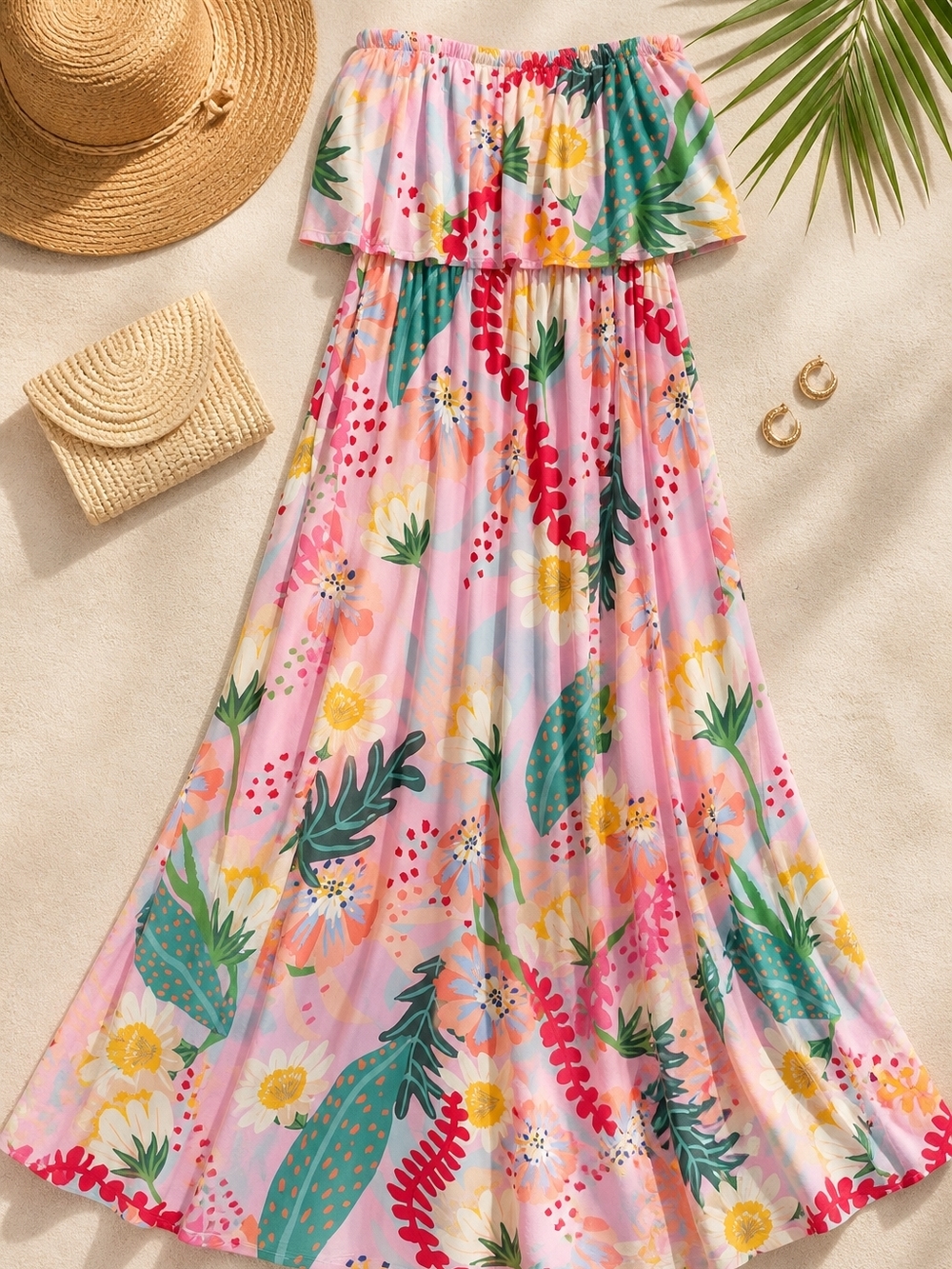 entro Pink Floral Off-Shoulder Maxi Dress with Green and Yellow Prints